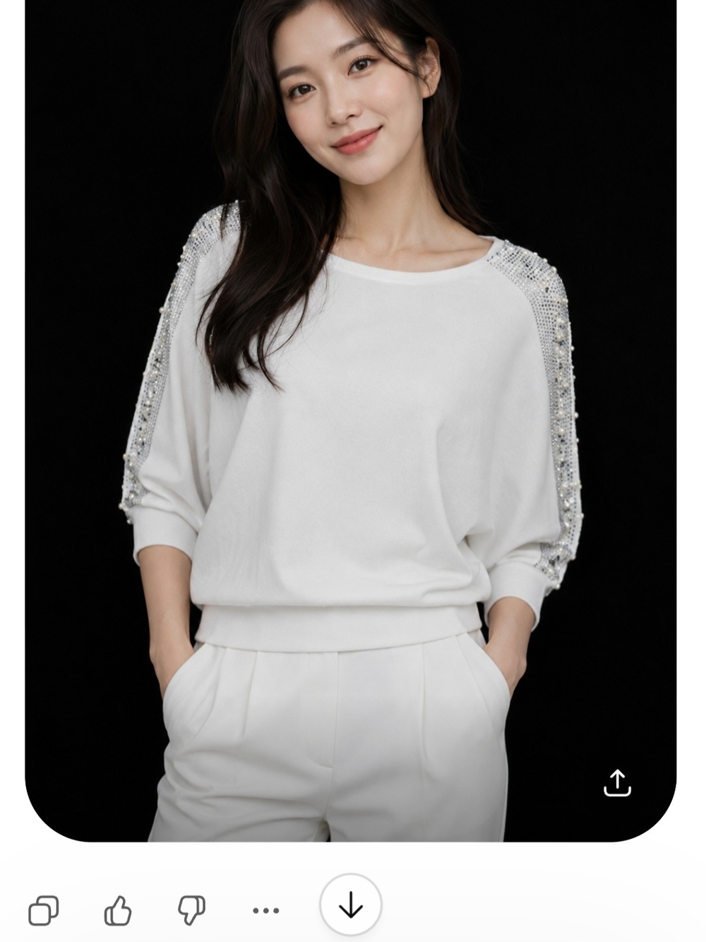 Love Scarlett White Pearl Rhinestone Embellished Dolman Sleeve Top Large